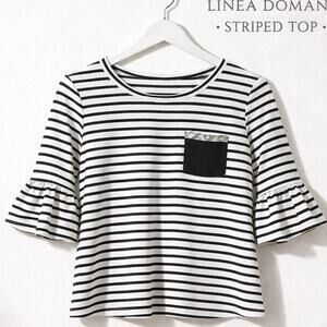 Linea Domani Striped Top Medium Black White Ruffle Sleeve Stretch Knit Shirt